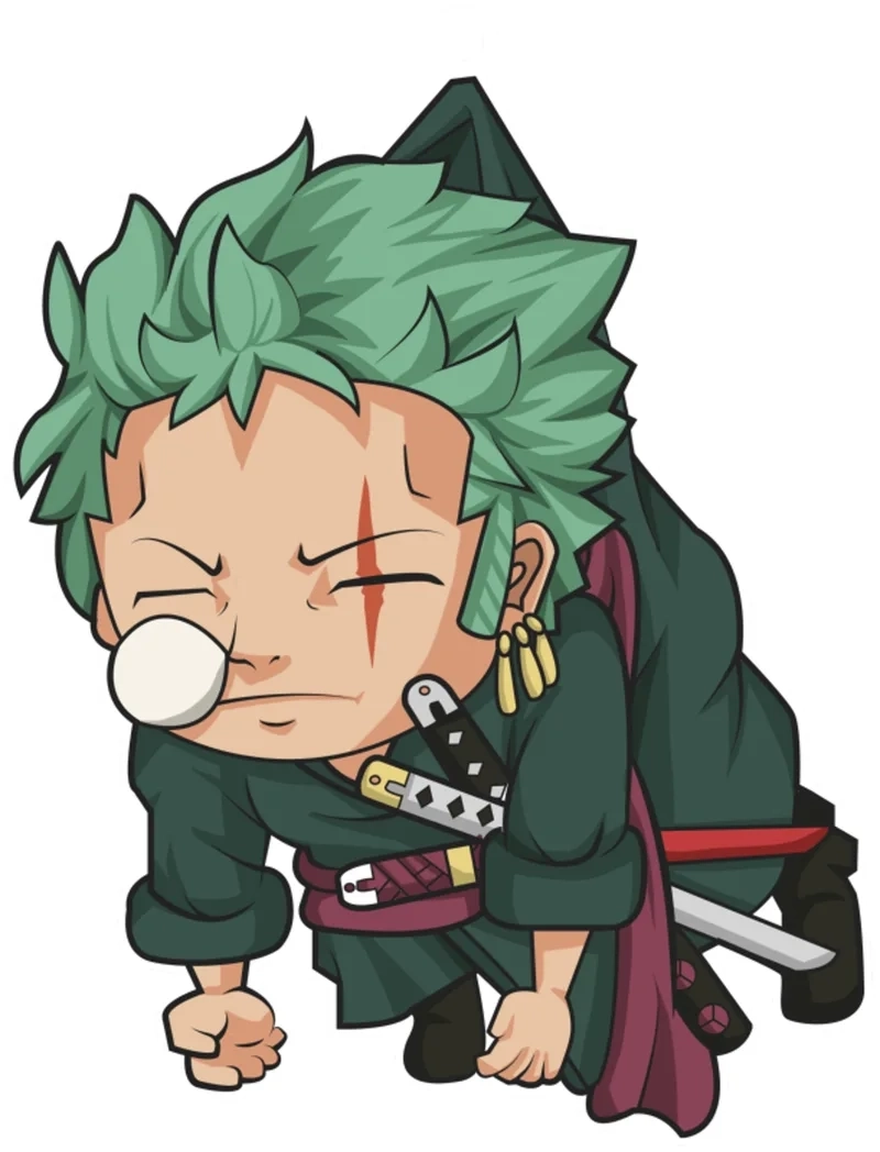 Zoro chibi ngầu kết hợp giữa dễ thương và mạnh mẽ.