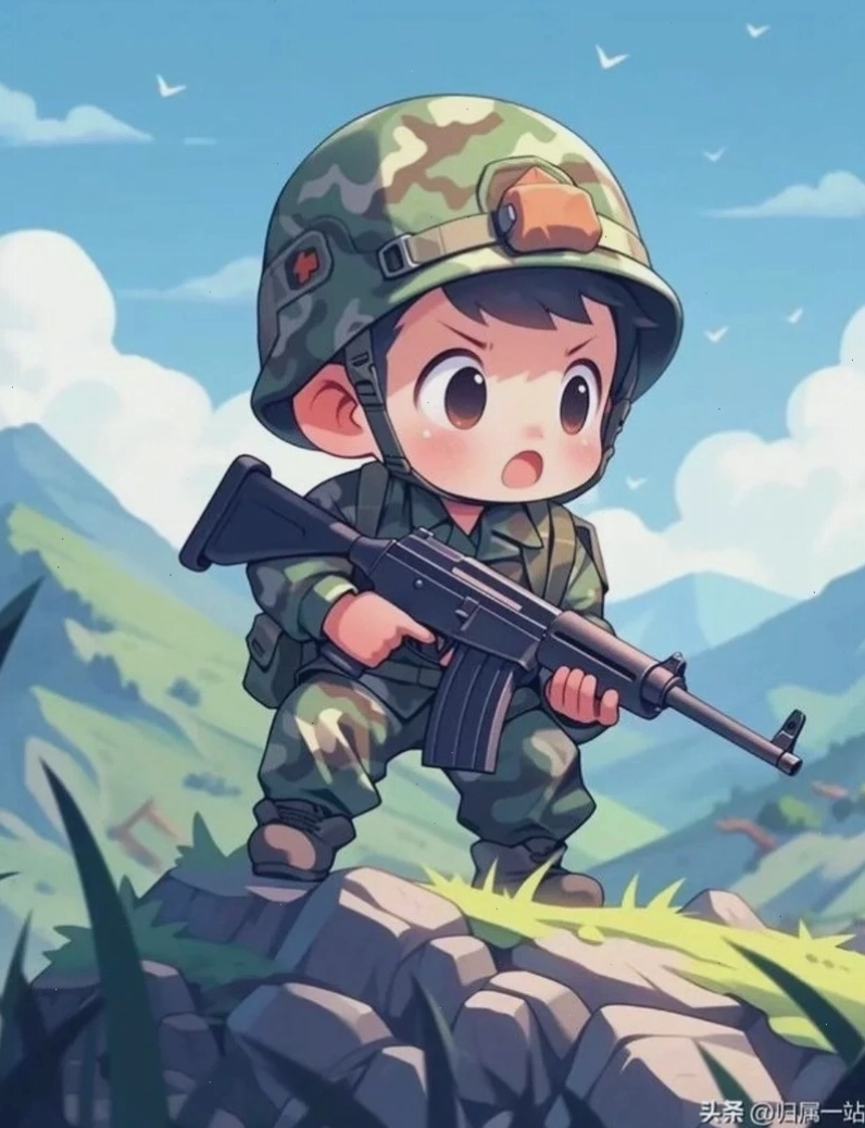 Ảnh chibi chú bộ đội với biểu cảm ngộ nghĩnh, đội mũ tai thỏ