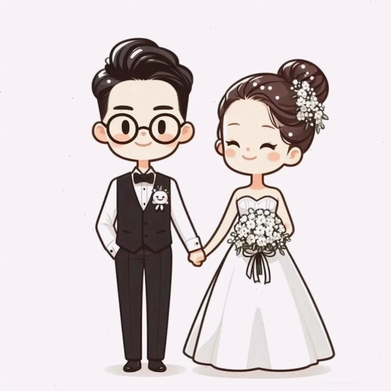 Ảnh cô dâu chú rể chibi trong trang phục cưới mùa hè