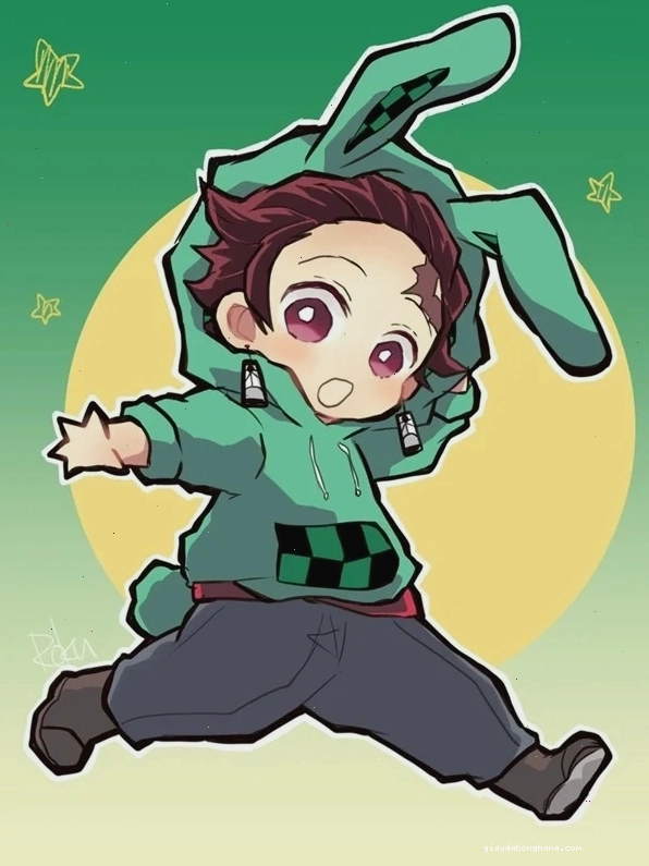 Ảnh Tanjiro chibi cute với nụ cười rạng rỡ và đôi mắt to tròn