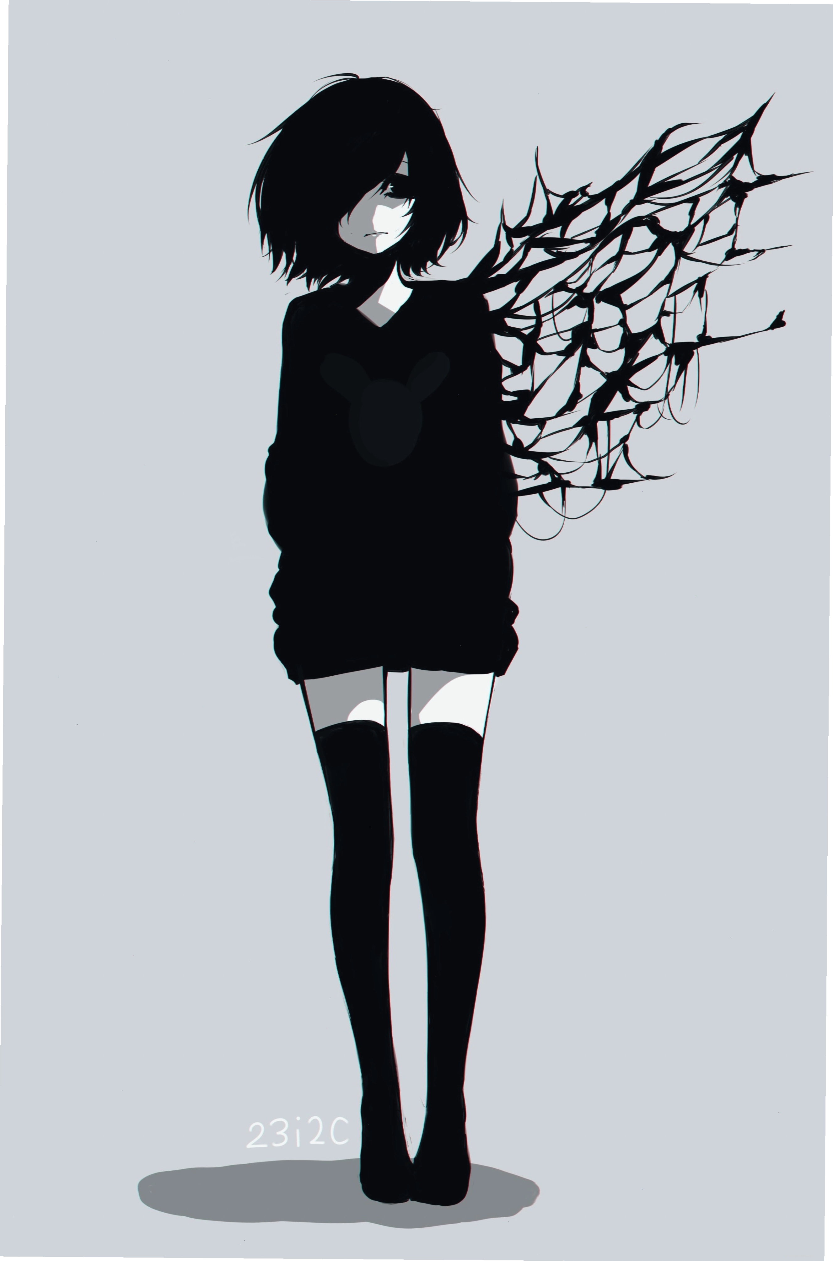 Anime girl đen trắng với đôi mắt đẫm lệ