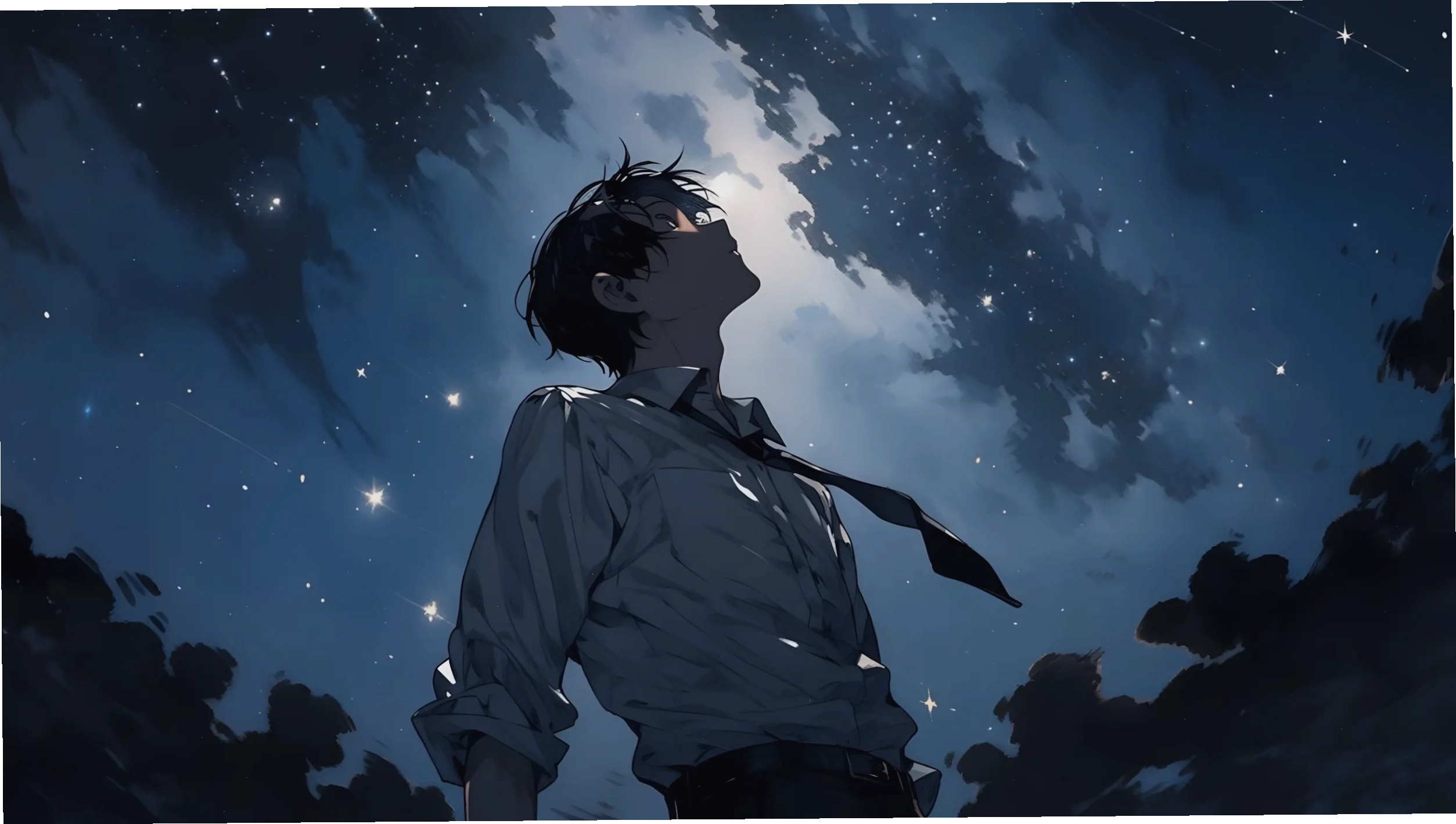 Anime nam cô đơn trong không gian tĩnh lặng