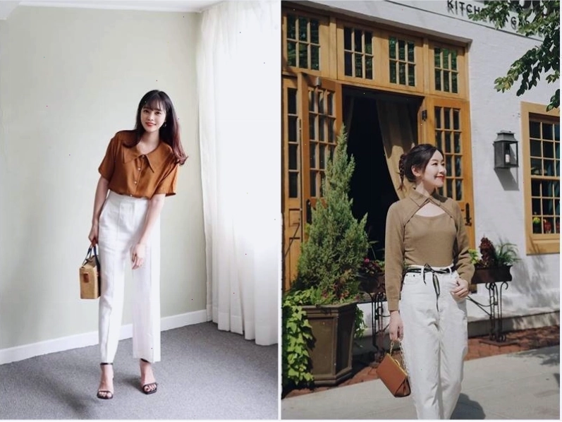 Áo thun nâu kết hợp quần trắng tạo cảm giác tươi mới
