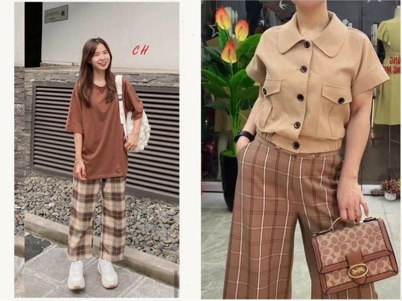 Áo thun nâu phối quần kẻ sọc