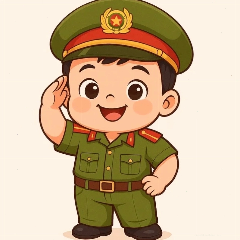 Avatar chú bộ đội chibi cầm cờ tay chào cờ nghiêm trang