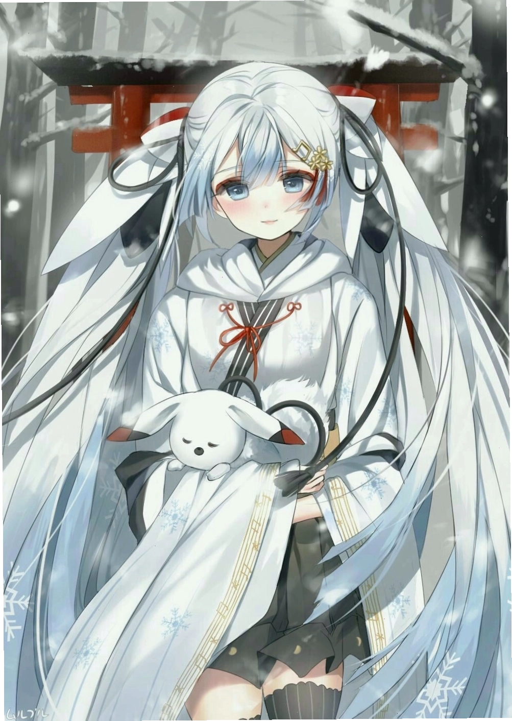 Bức họa cô gái anime tóc trắng duyên dáng trong bộ trang phục lộng lẫy