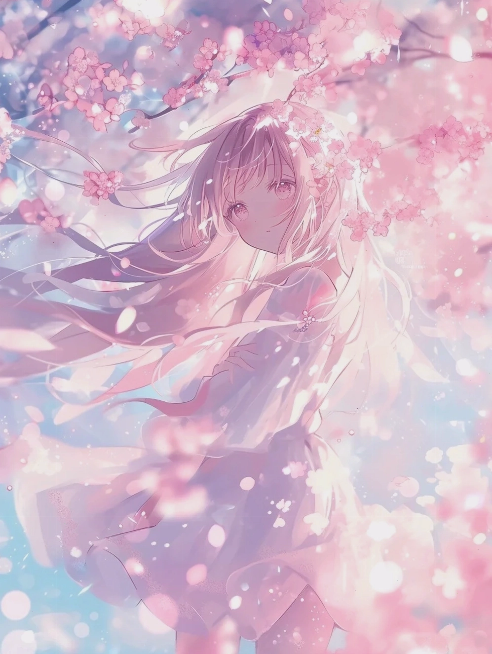 Cận cảnh những bông hoa anh đào anime với giọt sương đọng lại