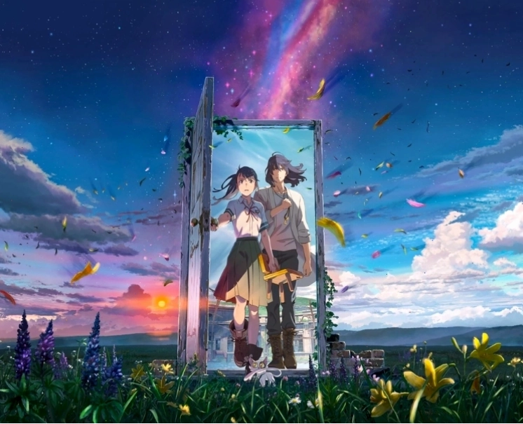 Cảnh phim anime tình cảm Khóa chặt cửa nào Suzume với phong cảnh thiên nhiên hùng vĩ