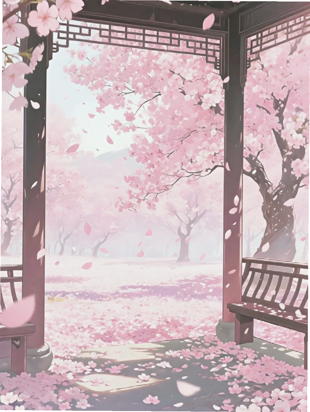 Cảnh vật anime ban đêm với ánh trăng và hoa anh đào