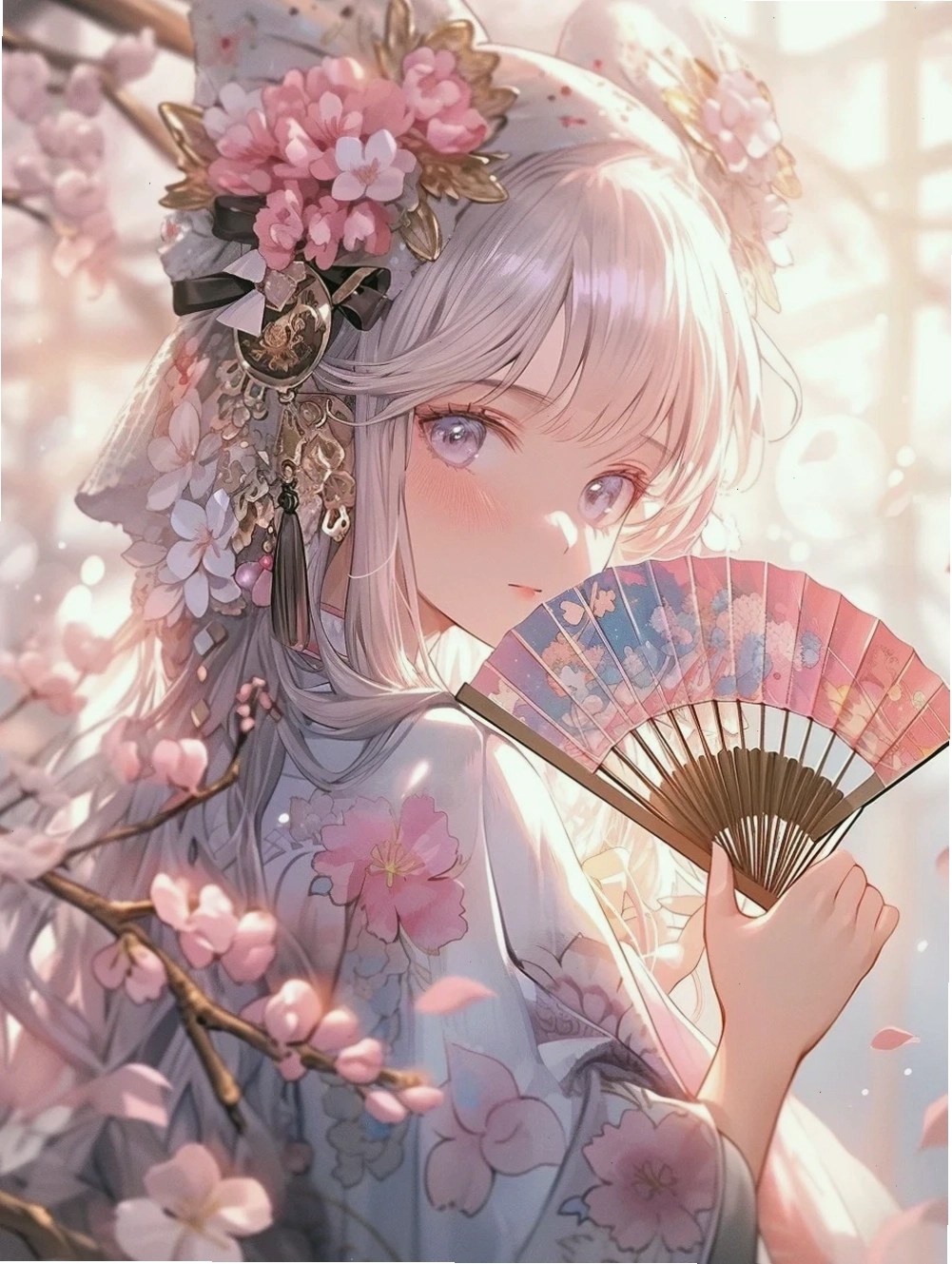 Cảnh vật anime mùa xuân với hoa anh đào và dòng sông