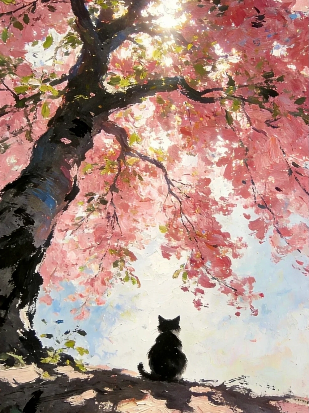 Cảnh vật anime với hoa anh đào nở rộ trên núi