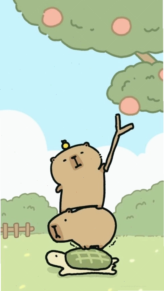 Capybara xếp chồng lên rùa hái quả