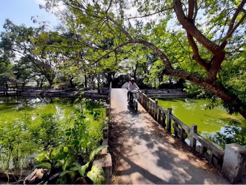Cây xanh bao quanh Khu di tích Núi Đất tạo bóng mát