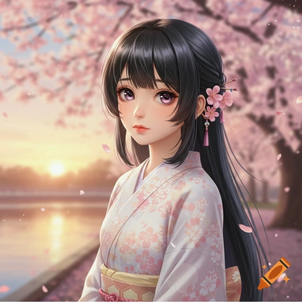 Chân dung anime của một cô gái với mái tóc đen dài và mắt tím, mặc kimono hoa màu hồng, đứng dưới hoa anh đào lúc hoàng hôn