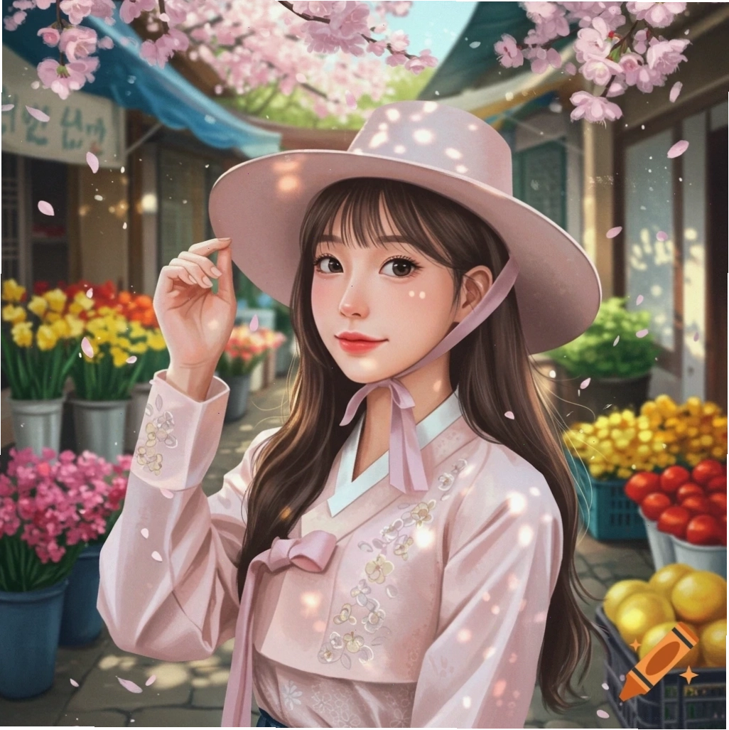 Chân dung theo phong cách anime của một phụ nữ Hàn Quốc trẻ mặc hanbok hồng và mũ rơm, xung quanh là hoa anh đào và chợ hoa