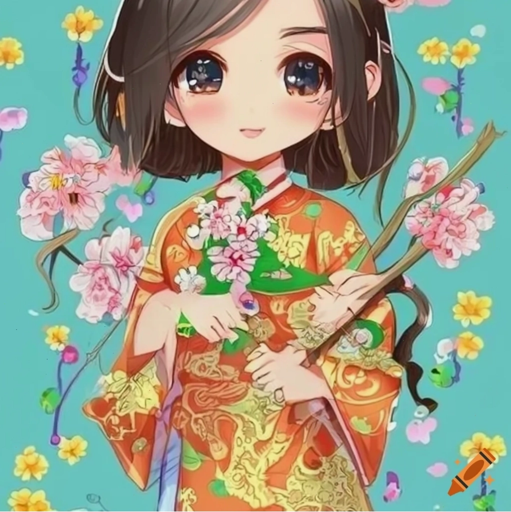 Chibi anime minh họa cô gái Việt Nam mặc áo dài với hoa truyền thống