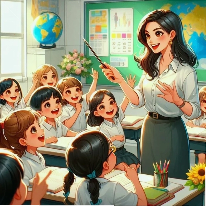 Chibi cô giáo và học sinh tương tác vui vẻ
