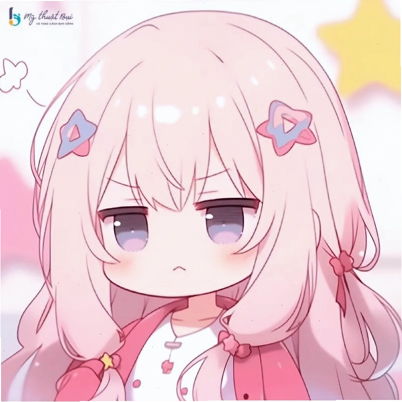 Chibi girl với mái tóc hồng và trang phục nhiều màu sắc