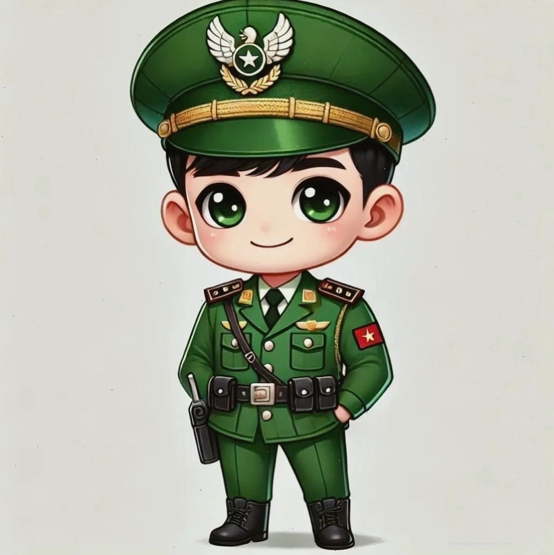 Chú bộ đội chibi da ngăm giơ tay chào nghiêm trong trang phục quân đội
