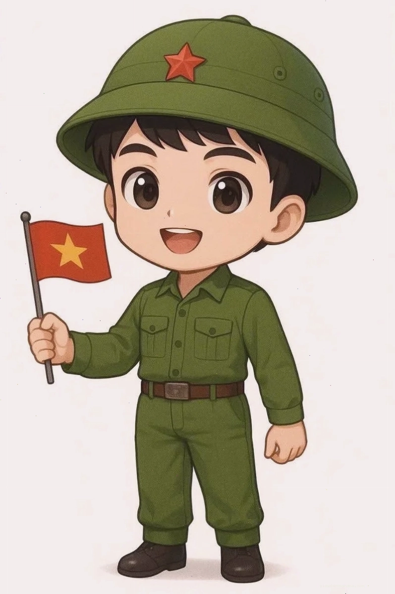 Chú bộ đội chibi giơ tay chào nghiêm, trang phục chỉnh tề