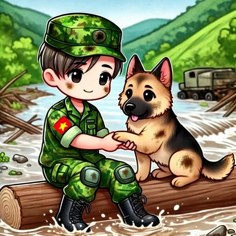 Chú bộ đội chibi nữ tóc ngắn, nhìn thẳng với biểu cảm tự tin