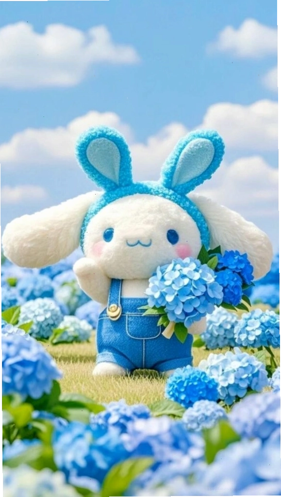 Cinnamoroll anime cute ôm hoa cẩm tú cầu dưới bầu trời trong xanh