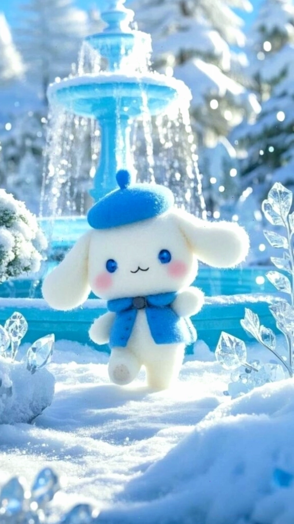 Cinnamoroll đứng dưới vòi nước trong khung cảnh mùa đông trắng xóa
