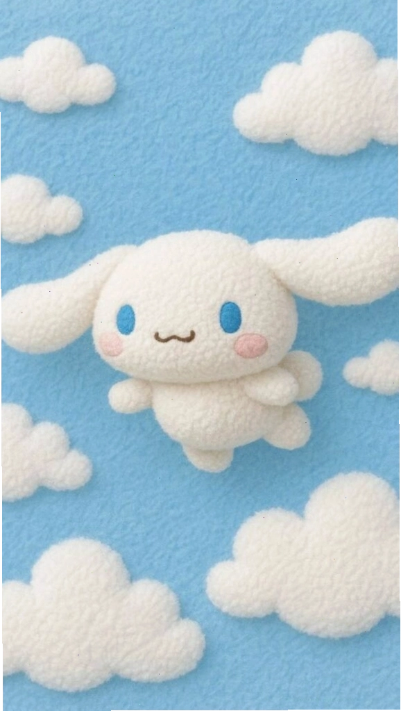 Cinnamoroll giữa những đám mây bông trên nền xanh pastel