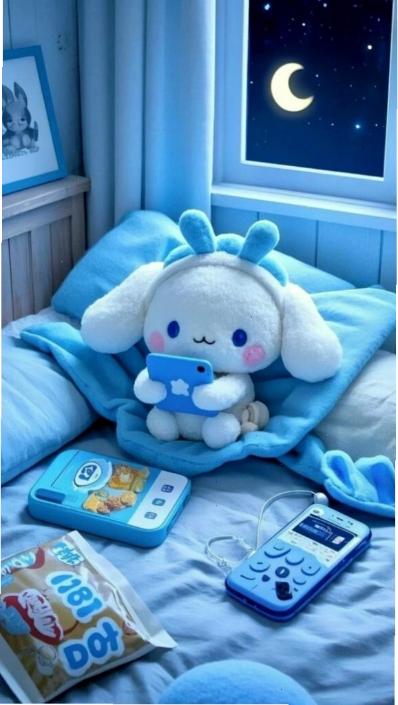 Cinnamoroll nằm trên giường ấm áp trong đêm yên bình
