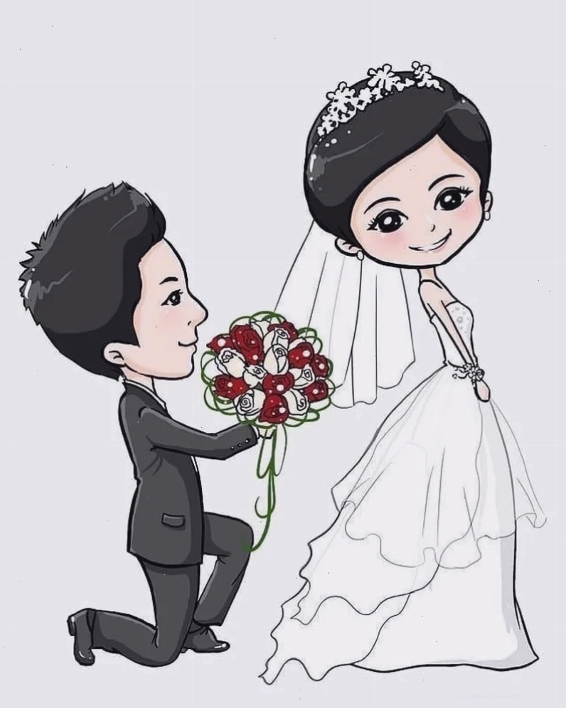Cô dâu chú rể chibi đang trao nhẫn cưới