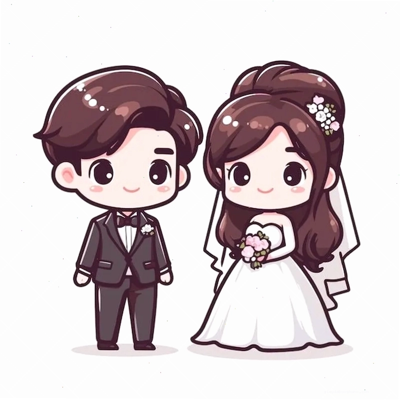 Cô dâu chú rể chibi đội mũ cưới dễ thương