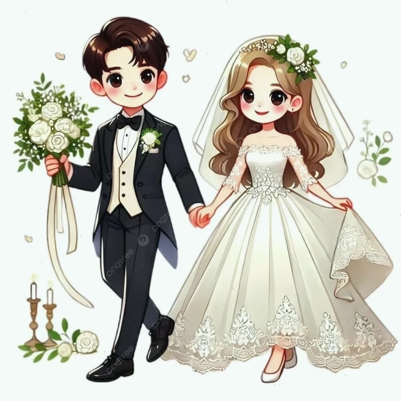 Cô dâu chú rể chibi khoác tay nhau tiến vào lễ đường