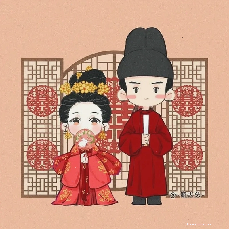 Cô dâu chú rể chibi nắm tay nhau đi dưới mưa