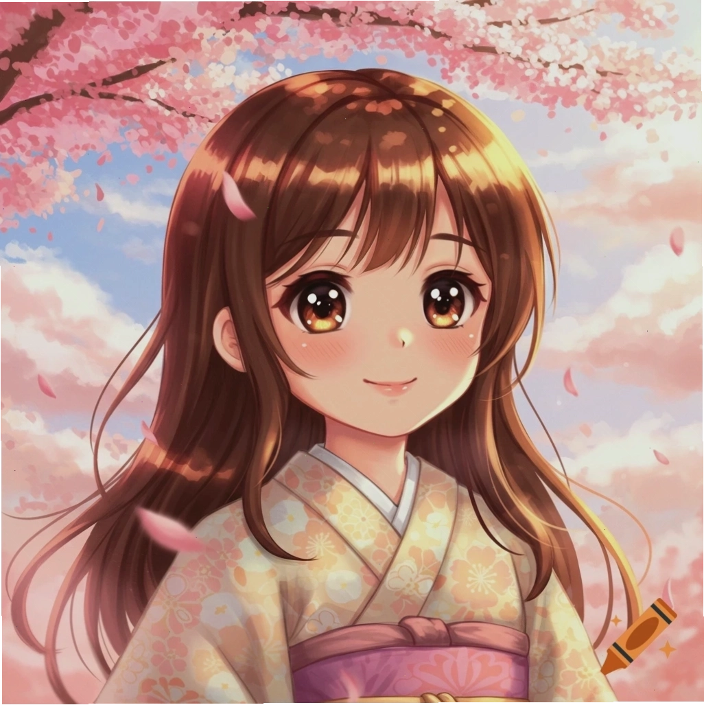 Cô gái anime dễ thương với đôi mắt to màu nâu, mặc kimono họa tiết, cười dưới cây hoa anh đào
