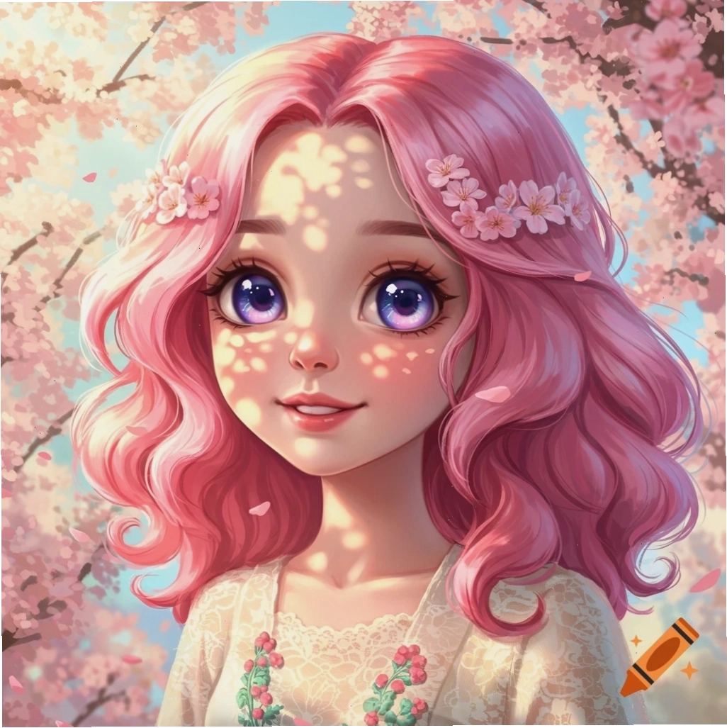 Cô gái anime dễ thương với mái tóc hồng và mắt tím, mỉm cười trong khu vườn hoa anh đào với ánh nắng xuyên qua