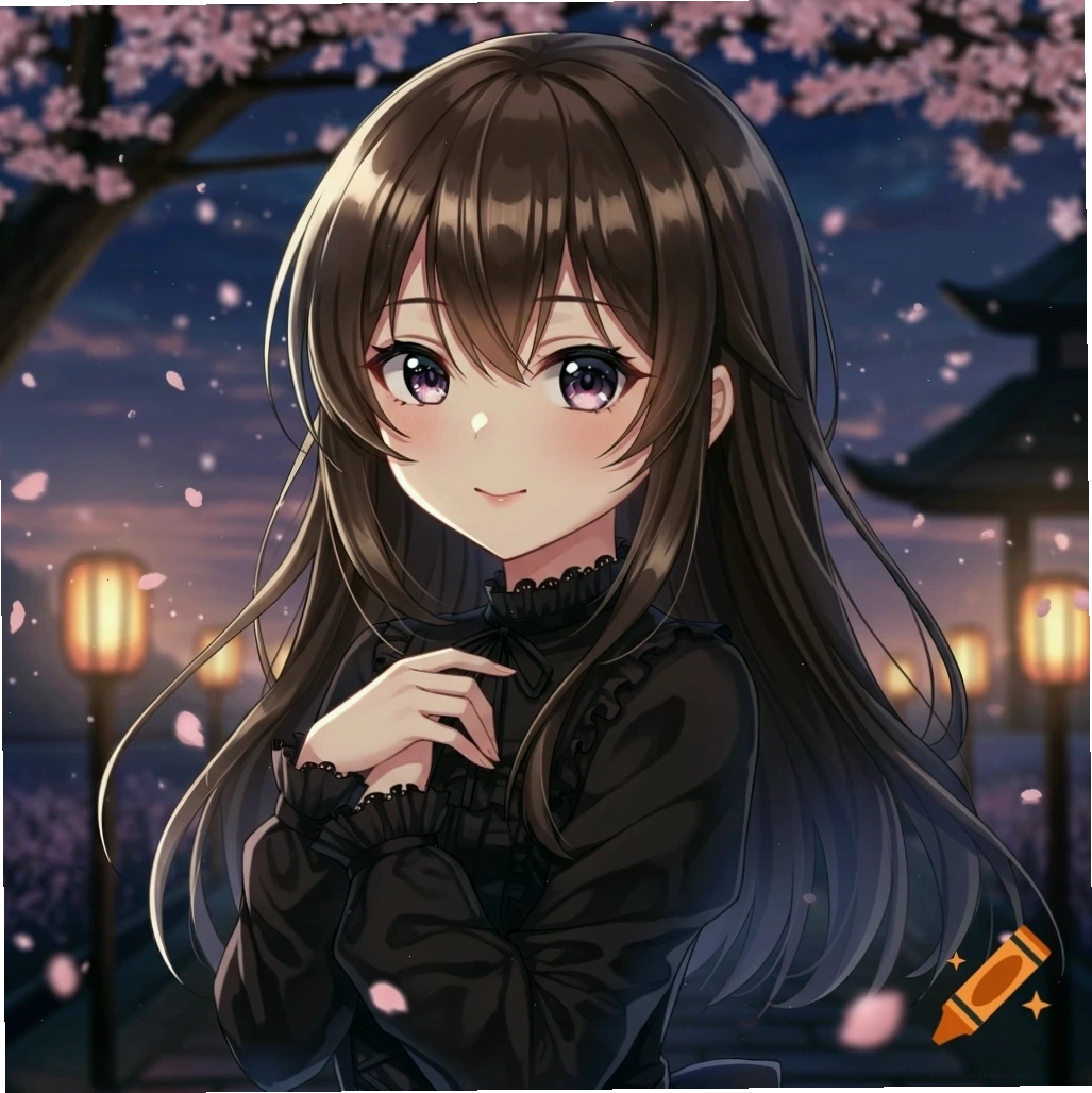 Cô gái anime mỉm cười với mái tóc dài màu nâu, mắt màu tím, mặc váy đen, đứng dưới cây hoa anh đào với đèn lồng