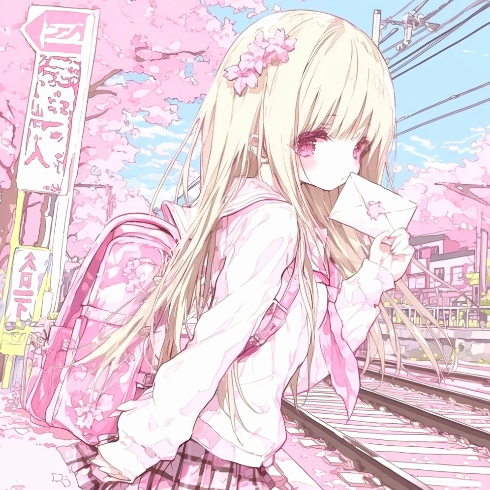 Cô gái anime ngồi dưới gốc cây hoa anh đào nở rộ