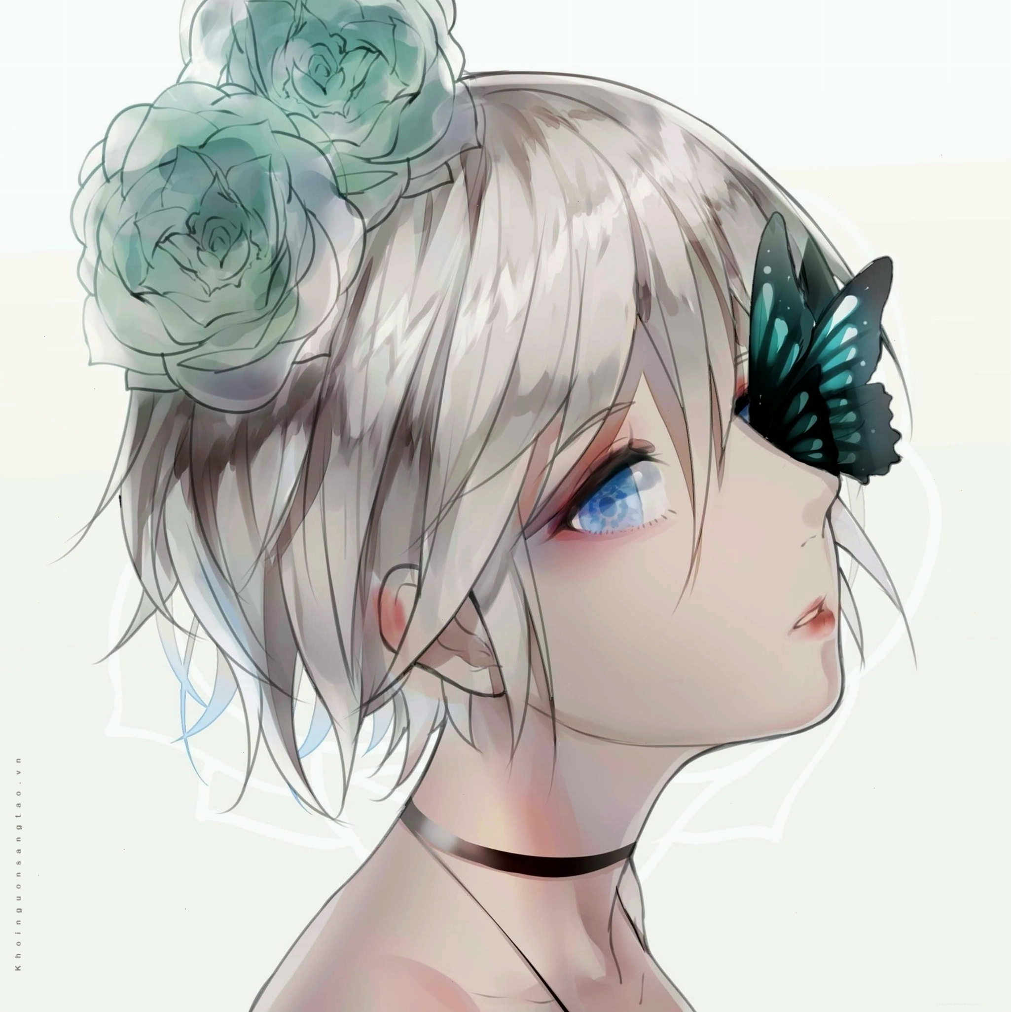 Cô gái anime với mái tóc dài và vẻ mặt lạnh lùng