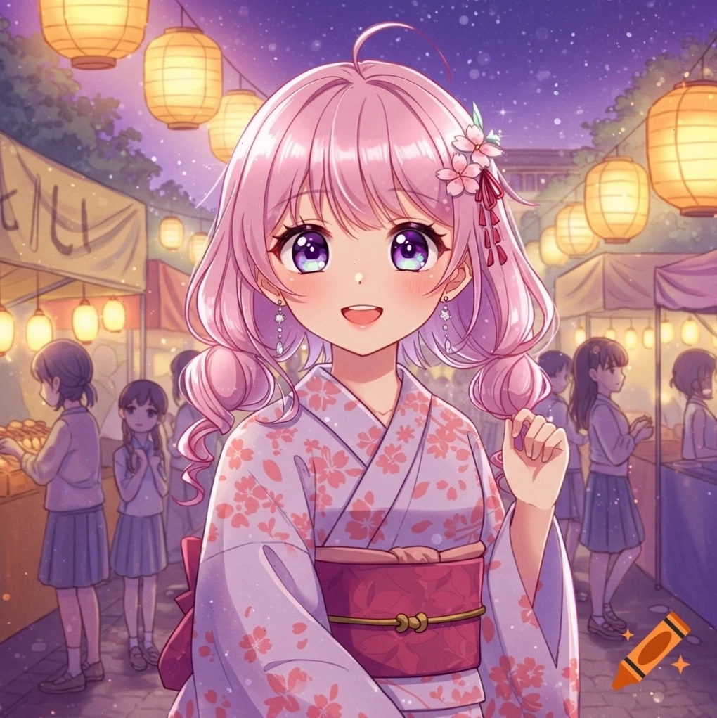 Cô gái anime với mái tóc hồng và kimono, đứng tại lễ hội đêm với đèn lồng và quầy hàng phát sáng