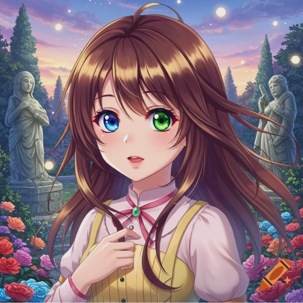 Cô gái anime với mái tóc nâu và chứng dị sắc tố (một mắt xanh, một mắt xanh lá cây), đứng trong khu vườn kỳ diệu đầy hoa và tượng cổ dưới bầu trời chạng vạng