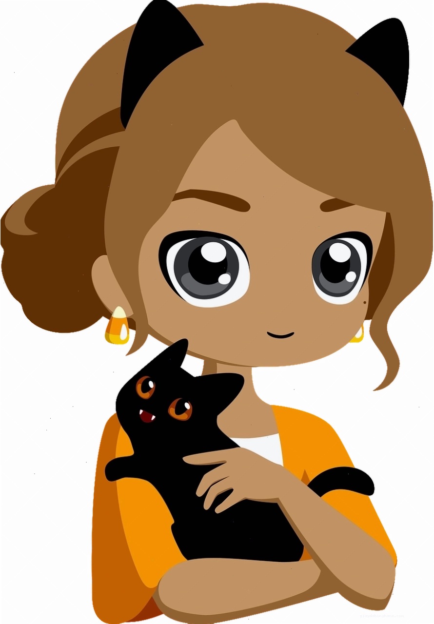 Cô gái chibi bên cạnh chú mèo đáng yêu