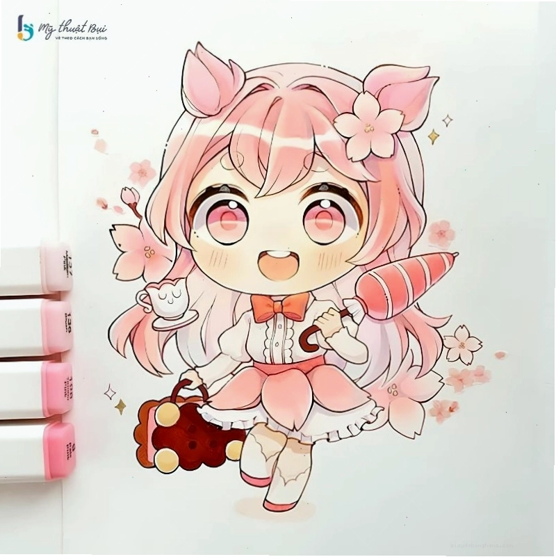 Cô gái chibi dễ thương với mái tóc dài và phụ kiện hoa tai