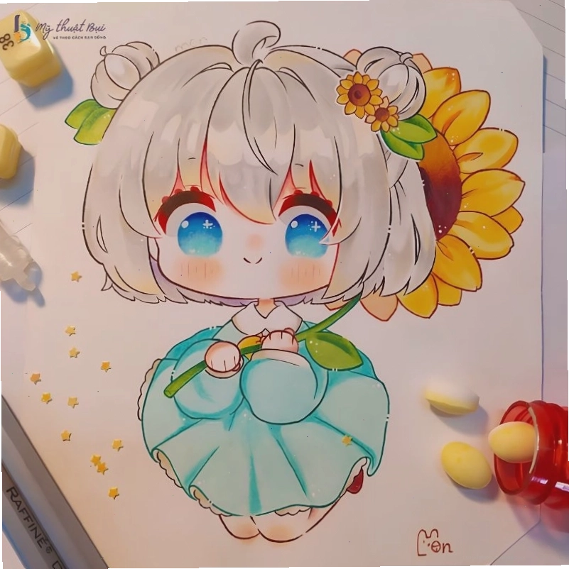 Cô gái chibi làm bánh với tạp dề và cây đánh trứng