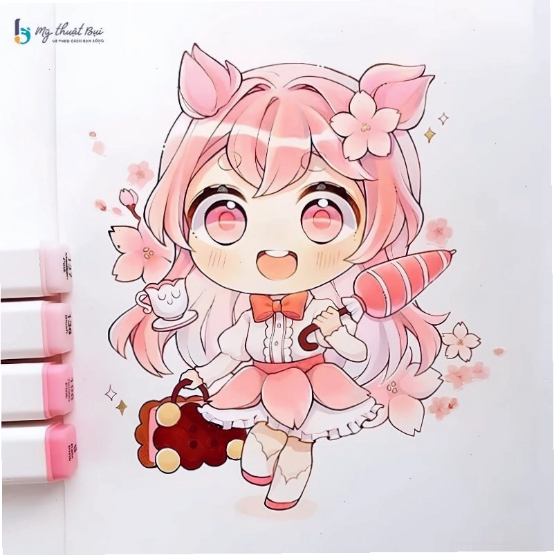 Cô gái chibi với mái tóc hồng độc đáo và nụ cười rạng rỡ