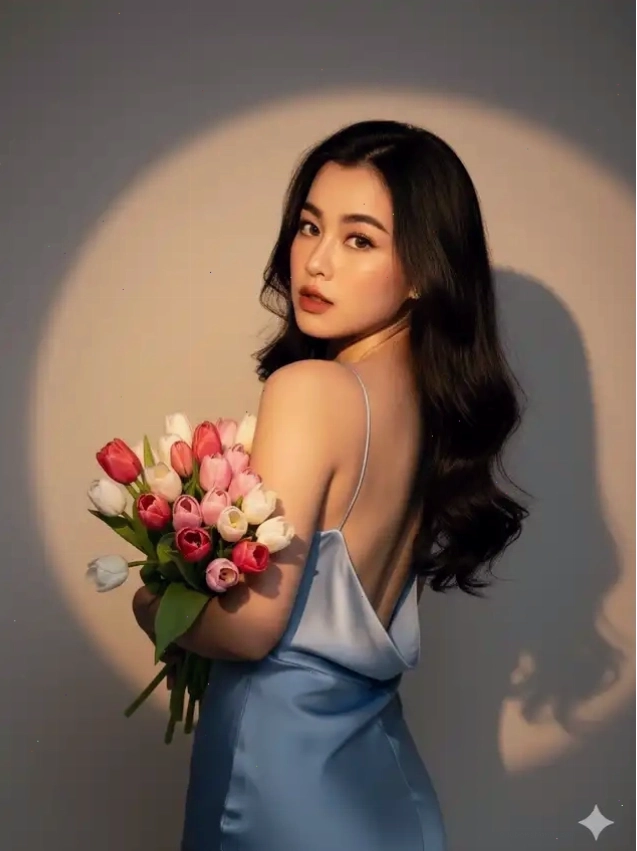 Cô gái tóc đỏ duyên dáng với bó hoa tulip, một tay nhẹ nhàng che một phần khuôn mặt