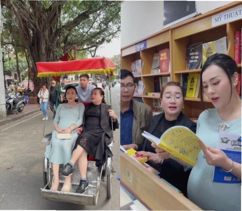 Diễn viên Phương Oanh và bố mẹ trong một lần đi dạo phố.