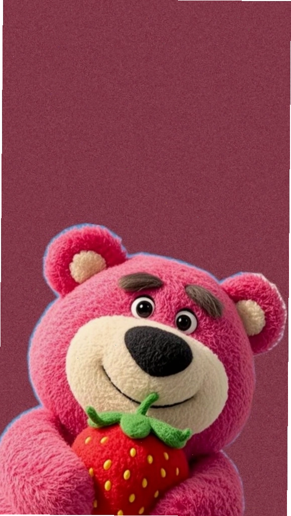 Gấu Lotso ôm dâu tây với vẻ mặt đáng yêu
