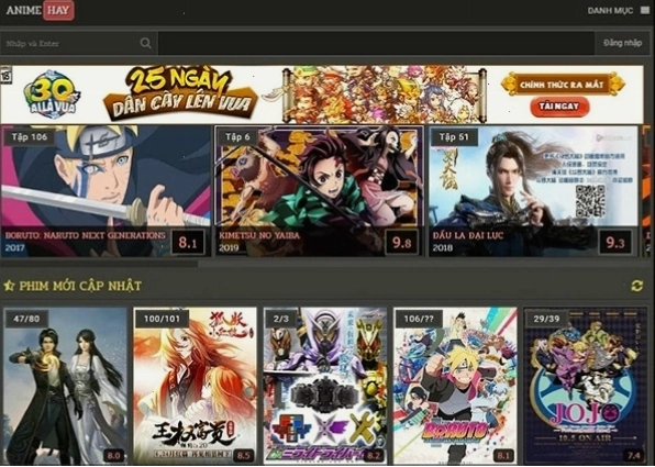 Giao diện trang web xem anime trực tuyến