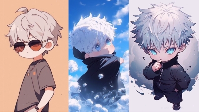 Gojo Satoru phiên bản chibi với đôi mắt to tròn đáng yêu
