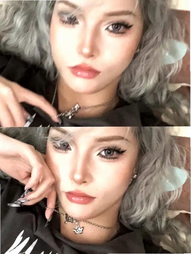 Hai ảnh selfie cận cảnh cô gái tóc xám, chạm vào dây chuyền và đặt tay gần mặt